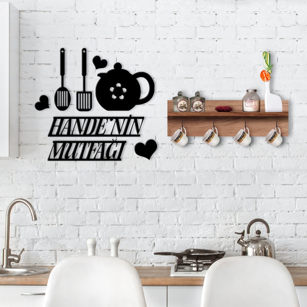 BK Home Doğal Ahşap Raflı Dekoratif Fincan Askılığı ve İsme Özel Mutfak Duvar Süsü-3