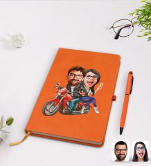 Kişiye Özel Sevgililer Karikatürlü Turuncu Termo Deri Defter Kalem Seti Model 97