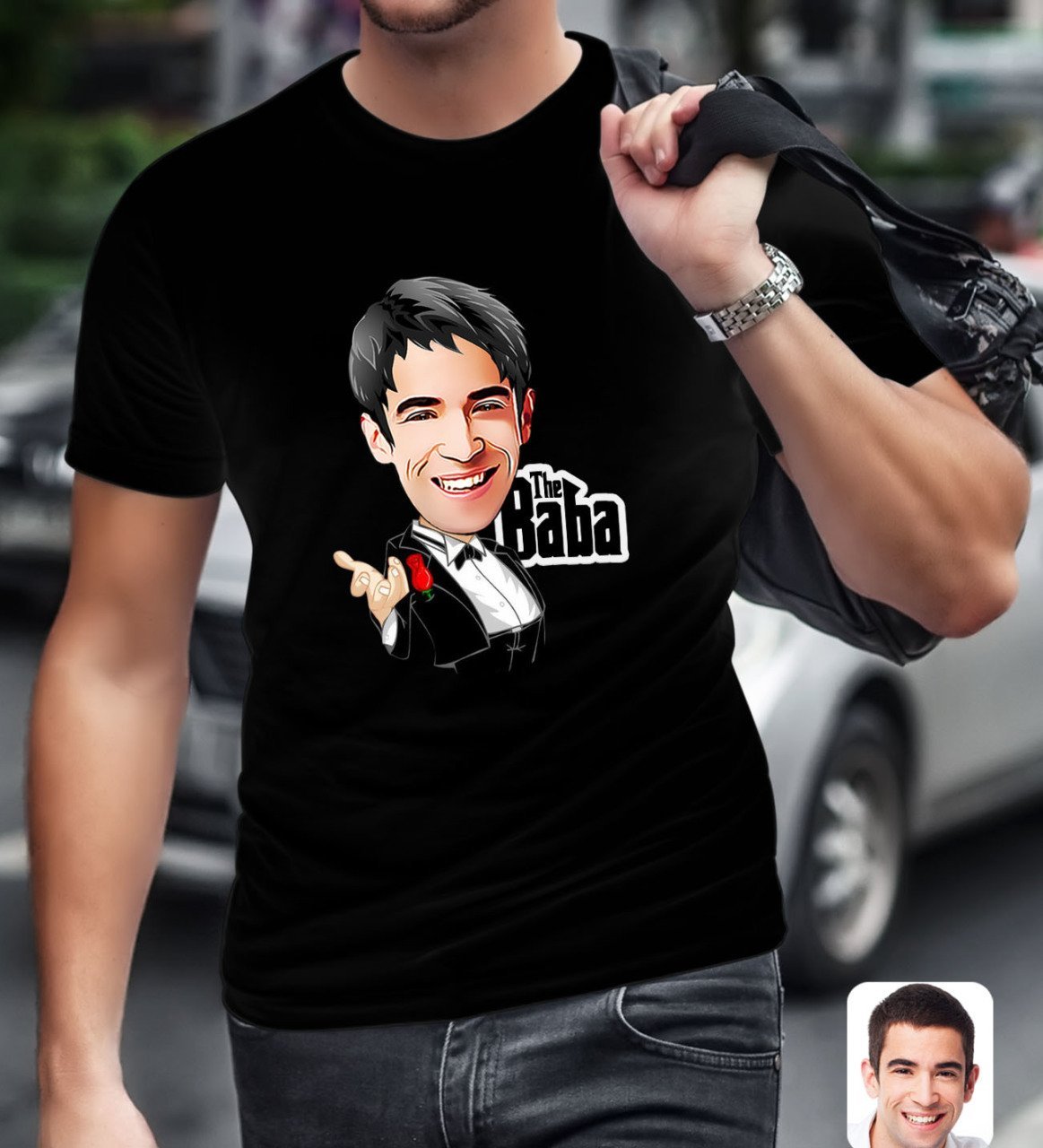 Kişiye Özel Godfather Baba Karikatürlü Siyah T-Shirt-2