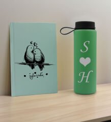 BK Gift Sevgiliye Özel İsimli Su Yeşili Defter ve Yeşil Cam Matara Hediye Seti-4, Sevgiliye Hediye, Sevgililer Günü, Yeni İş Hediyesi