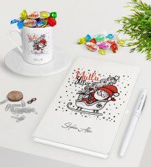 Kişiye Özel Noel Baba Beyaz Defter Kalem Türk Kahvesi Fincanı ve Haribo Şeker Hediye Seti-5