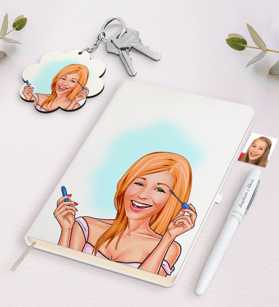 Kişiye Özel Kadın Karikatürlü Beyaz Defter Kalem ve Anahtarlık Hediye Seti-21