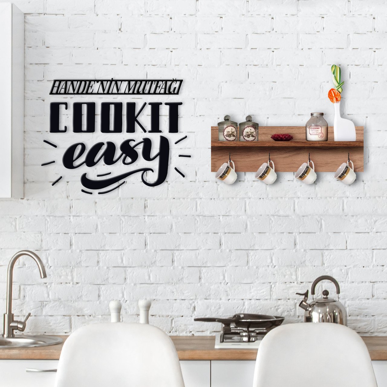 BK Home Doğal Ahşap Raflı Dekoratif Fincan Askılığı ve İsme Özel Mutfak Duvar Süsü-4
