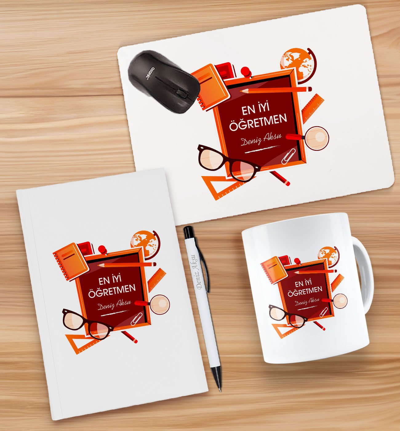 BK Gift Kişiye Özel İsimli Öğretmenler Günü Tasarımlı Defter, Tükenmez Kalem, Kupa ve Mousepad Hediye Seti - 17, Öğretmene Hediye, Öğretmenler Günü