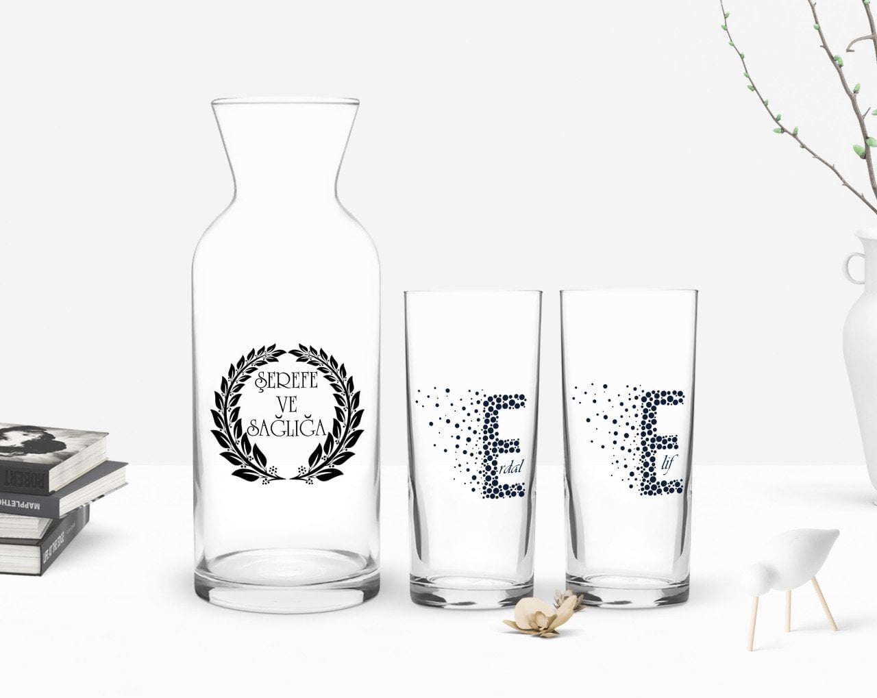 Kişiye Özel Renkli Baskılı Harfli İkili Rakı Bardağı ve Karaf Hediye Seti-5