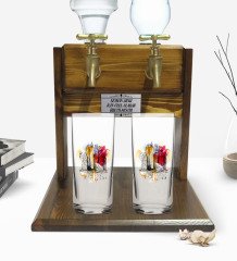 Kişiye Özel Renkli Baskılı Newyork Tasarımlı İkili Rakı Bardağı ve Çift Musluklu Doğal Ahşap Rakı Standı-1