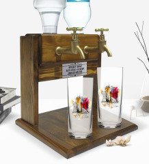 Kişiye Özel Renkli Baskılı Newyork Tasarımlı İkili Rakı Bardağı ve Çift Musluklu Doğal Ahşap Rakı Standı-1