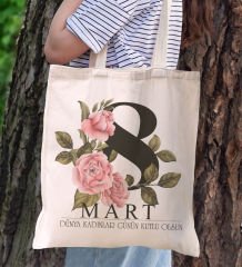 BK Gift Kadınlar Günü Tasarımlı Kanvas Bez Çanta, Baskılı Omuz Çantası, Alışveriş Çantası, Plaj Çantası, Arkadaşa Hediye-2