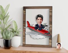 BK Gift Kişiye Özel Erkek Kabin Memuru Karikatürlü 3D Ahşap Tablo, Sevgiliye Hediye, Arkadaşa Hediye, Yıl Dönümü Hediyesi, Doğum Günü Hediyesi-1