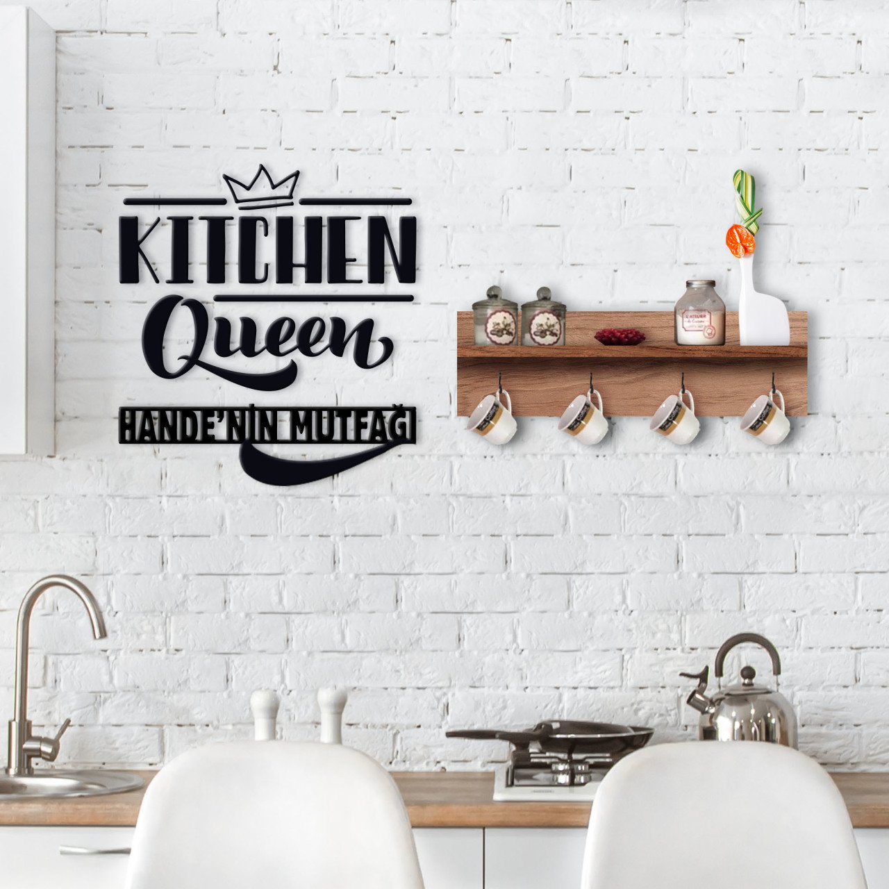BK Home Doğal Ahşap Raflı Dekoratif Fincan Askılığı ve İsme Özel Mutfak Duvar Süsü-5