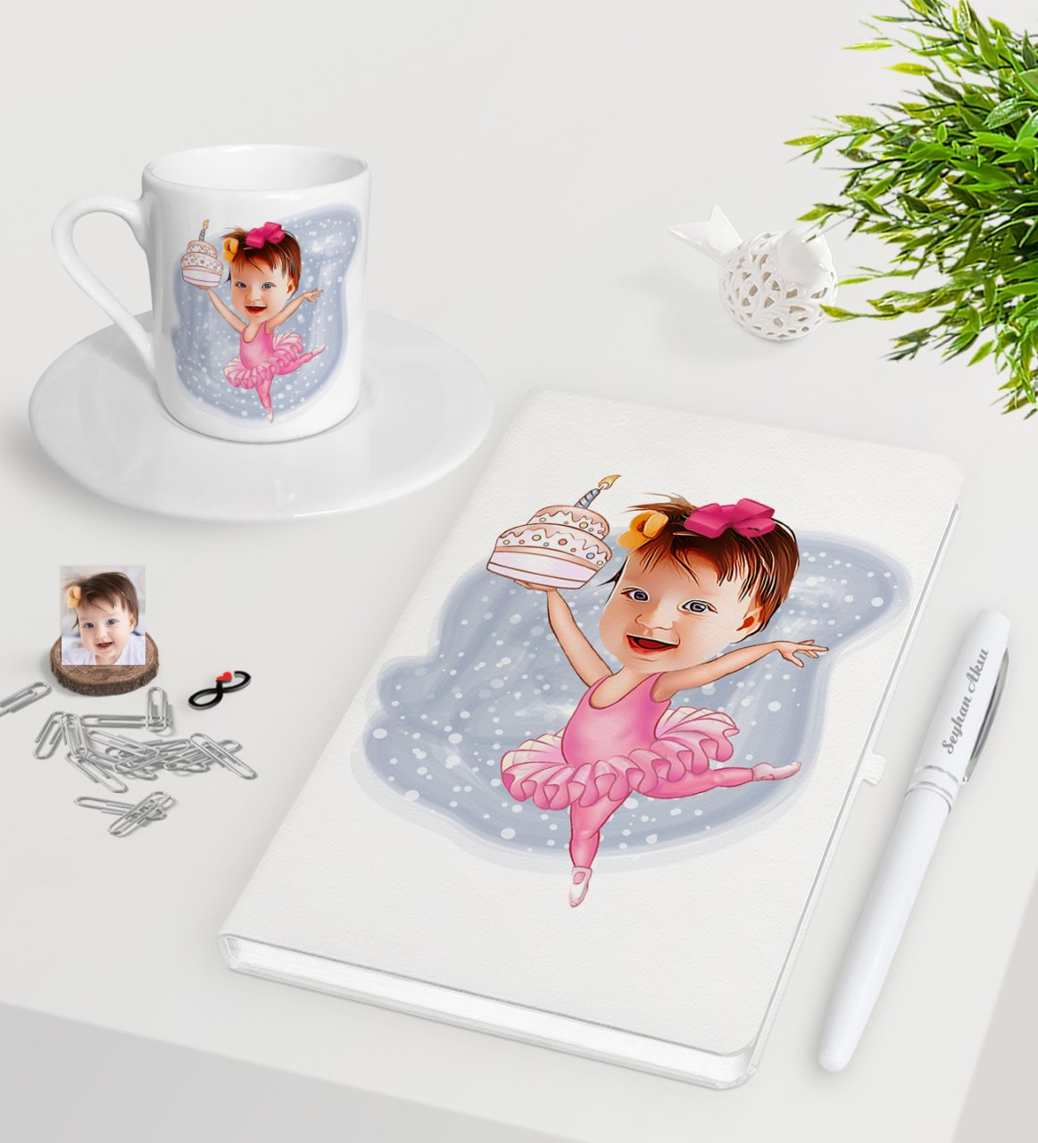 Kişiye Özel Bebek Doğum Günü Karikatürlü Beyaz Defter Kalem Türk Kahvesi Fincanı Seti-3