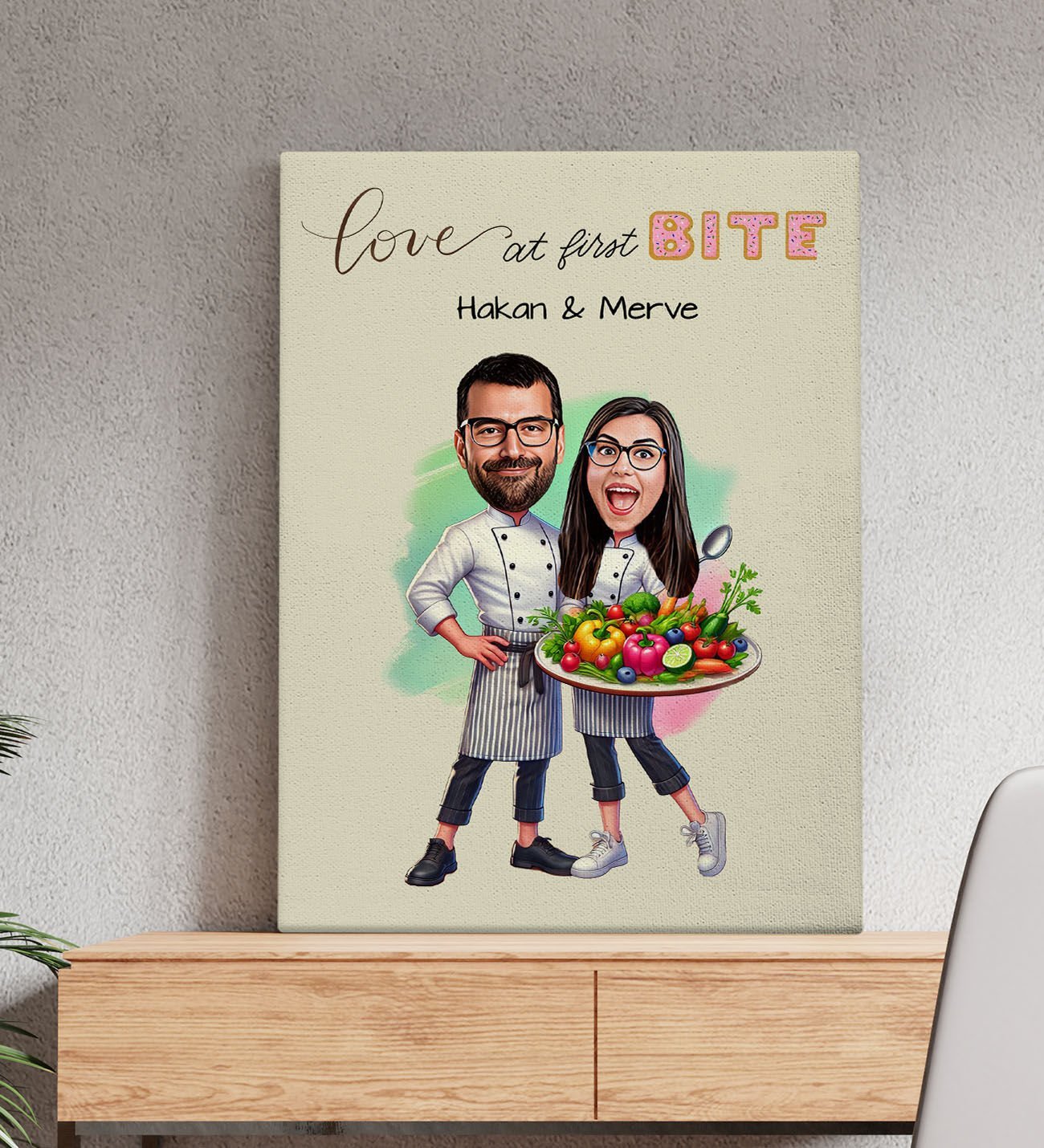 BK Gift Kişiye Özel Aşçı Çift Karikatürlü Kanvas Tablo-1 (50x70), Sevgiliye Hediye, Sevgililer Günü Hediyesi
