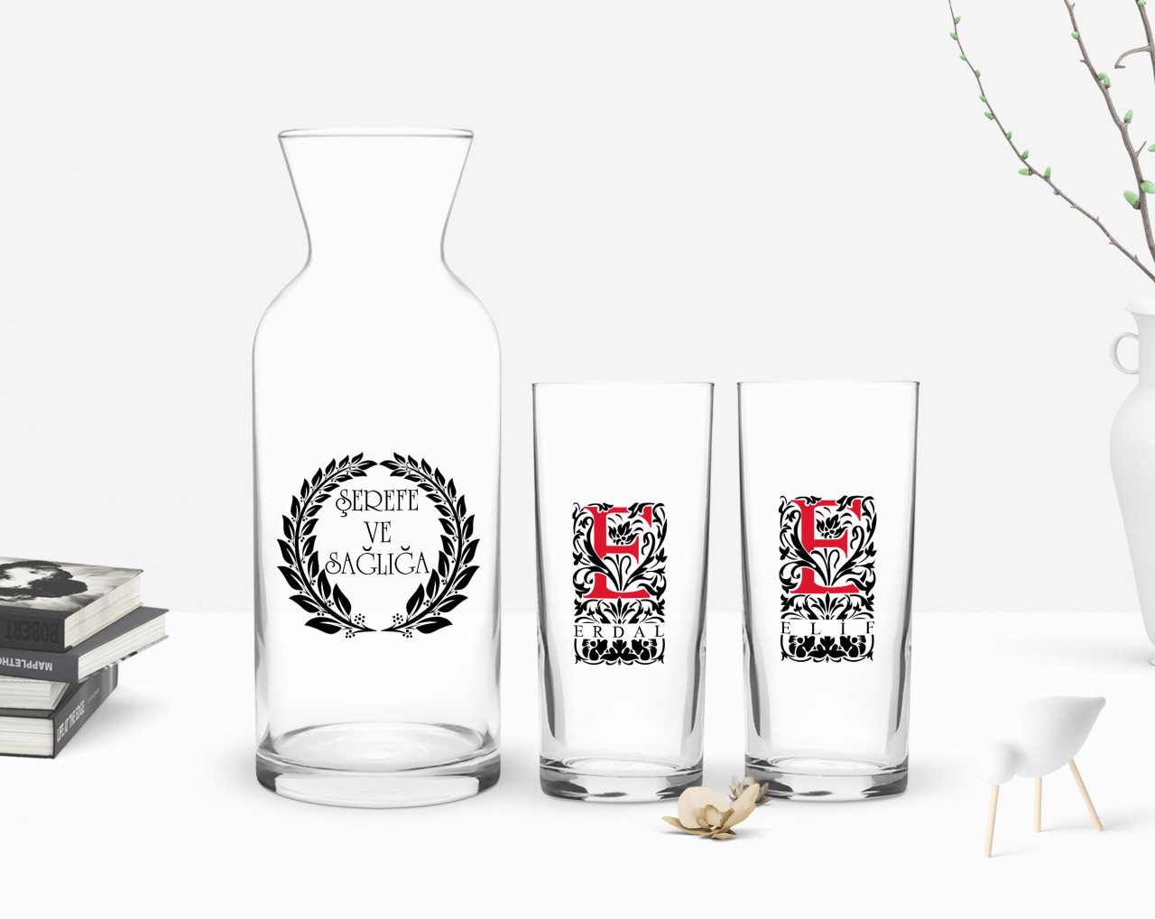 Kişiye Özel Renkli Baskılı Harfli İkili Rakı Bardağı ve Karaf Hediye Seti-7