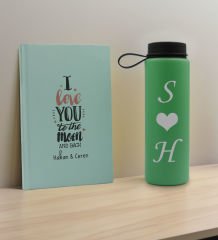 BK Gift Sevgiliye Özel İsimli Su Yeşili Defter ve Yeşil Cam Matara Hediye Seti-7, Sevgiliye Hediye, Sevgililer Günü, Yeni İş Hediyesi