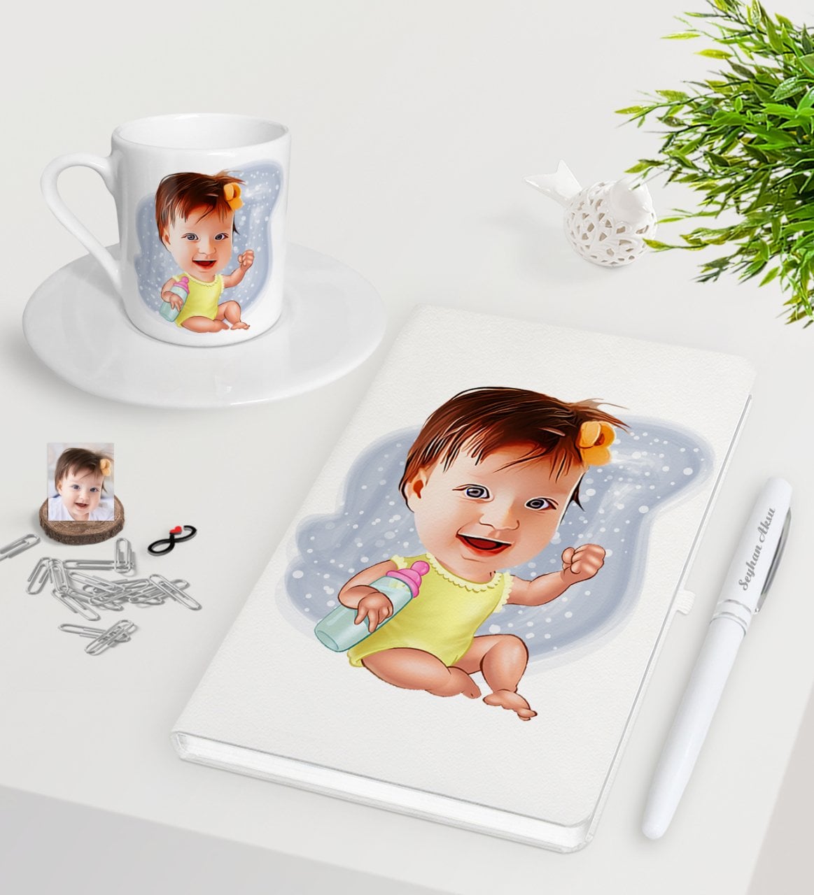 Kişiye Özel Bebek Karikatürlü Beyaz Defter Kalem Türk Kahvesi Fincanı Seti-1