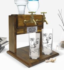 Kişiye Özel Renkli Baskılı Öpücük Tasarımlı İkili Rakı Bardağı ve Çift Musluklu Doğal Ahşap Rakı Standı-2