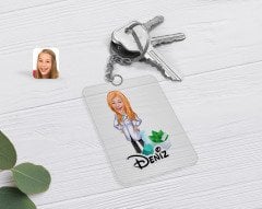 Kişiye Özel Kadın Eczacı Karikatürlü Şeffaf Pleksi Anahtarlık-1