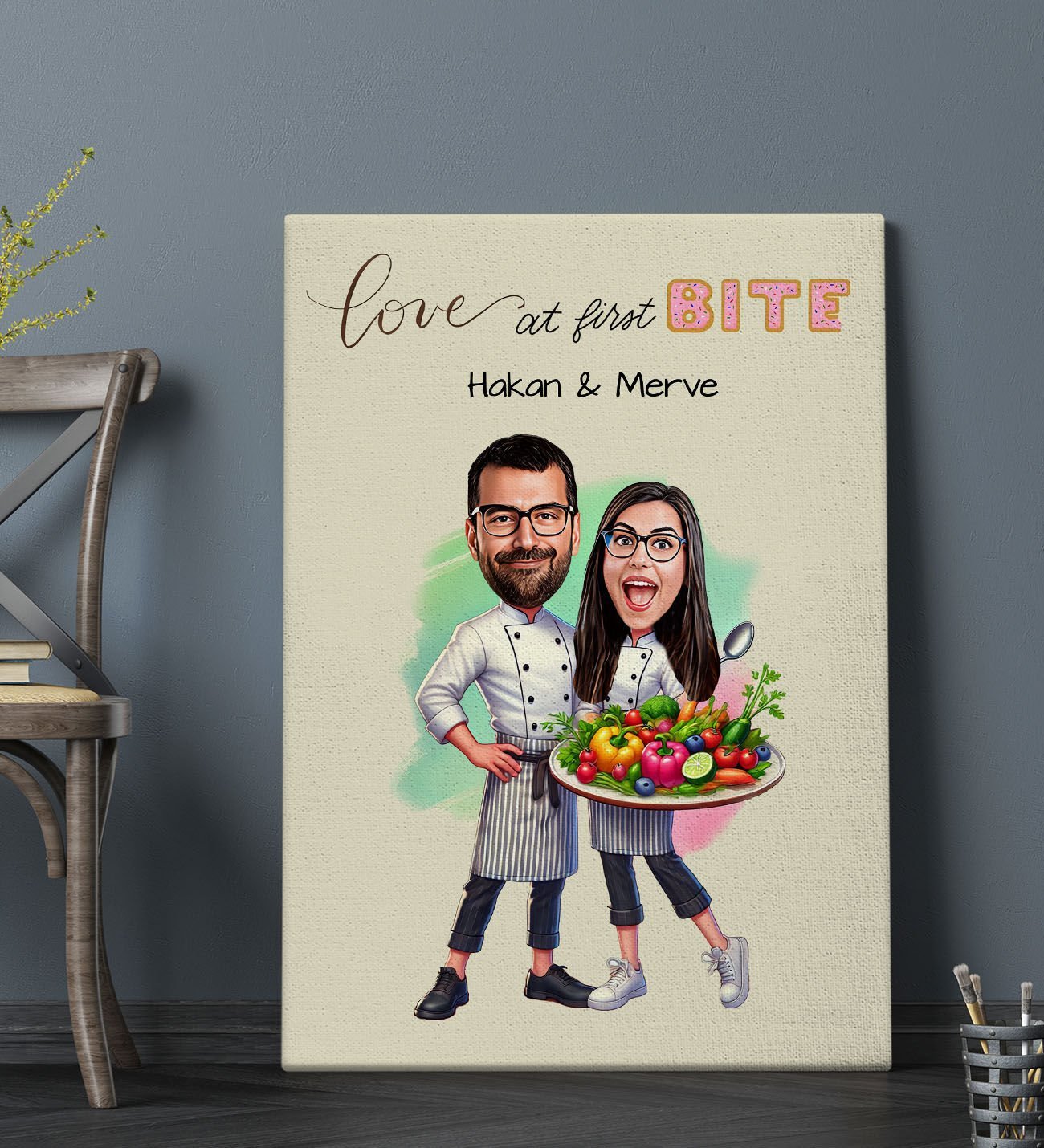 BK Gift Kişiye Özel Aşçı Çift Karikatürlü Kanvas Tablo-1 (70x100), Sevgiliye Hediye, Sevgililer Günü Hediyesi