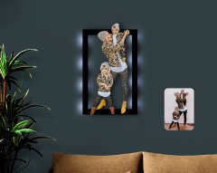 Kişiye Özel Tam Boy Anne Kız ve Oğul Karikatürlü 3D Led Işıklı Ahşap Tablo-1