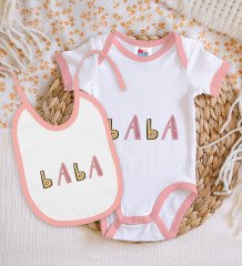 BK Kids Baba Tasarımlı Pembe Bebek Body Zıbın ve Mama Önlüğü Hediye Seti-1
