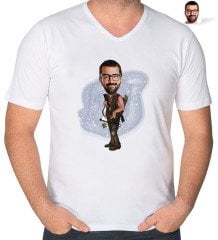 Kişiye Özel Okçu Karikatürlü V Yaka Tişört-1
