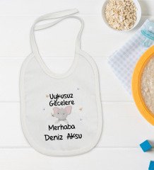 BK Kids Kişiye Özel Uykusuz Gecelere Merhaba Tasarımlı Bebek Body Zıbın ve Mama Önlüğü Hediye Seti - Model 1