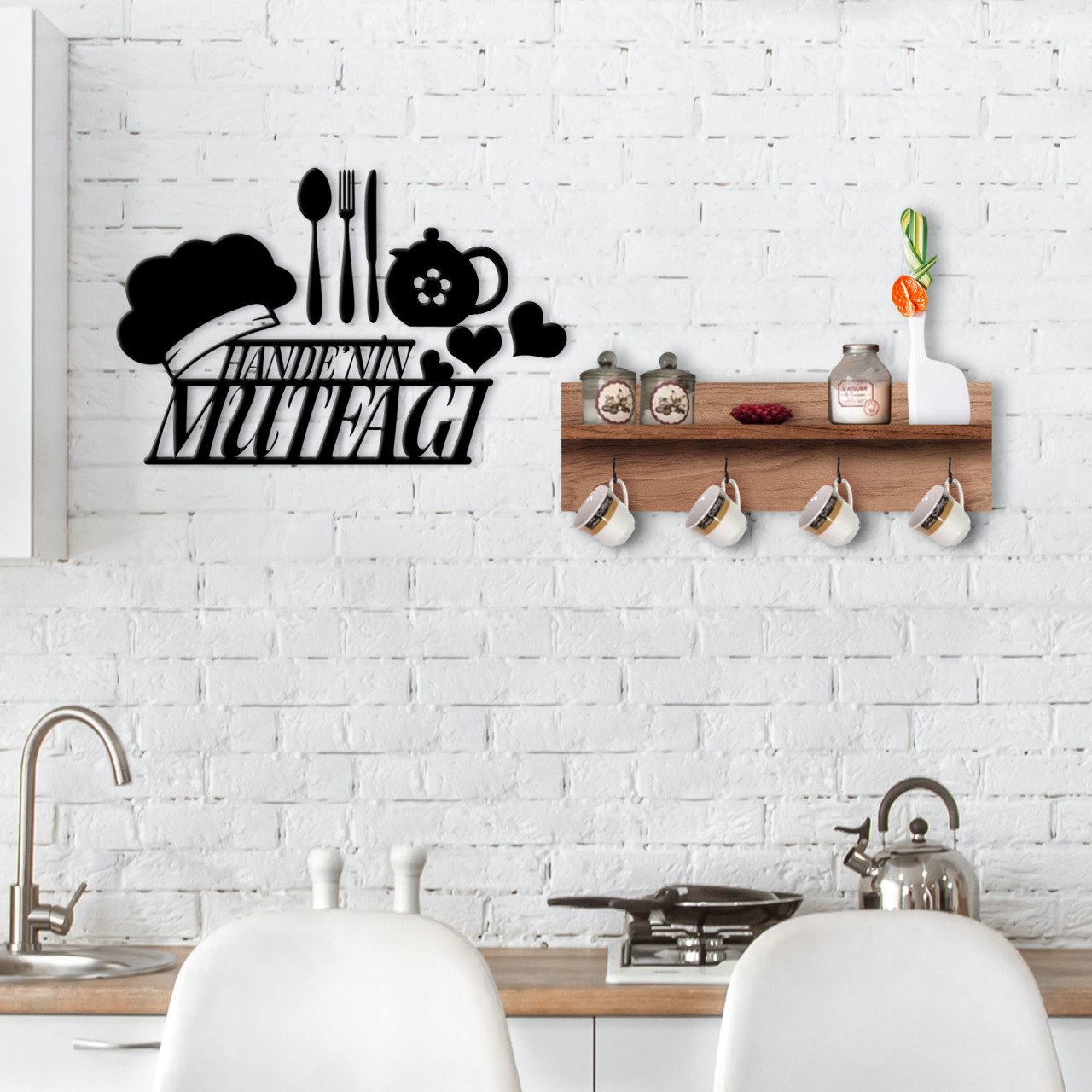 BK Home Doğal Ahşap Raflı Dekoratif Fincan Askılığı ve İsme Özel Mutfak Duvar Süsü-8