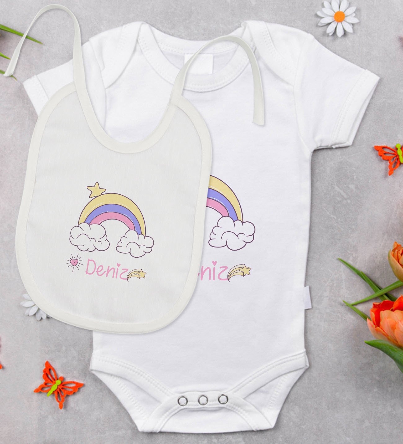 BK Kids Kişiye Özel İsimli Bebek Body Zıbın ve Mama Önlüğü Hediye Seti - Model 26