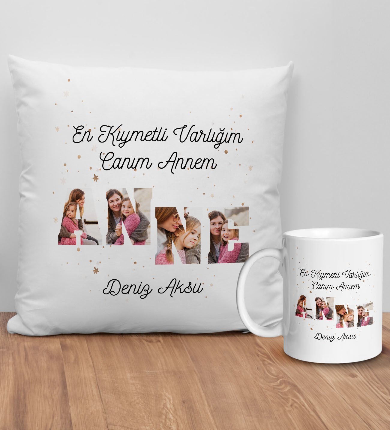 BK Gift Kişiye Özel Fotoğraflı ve Mesajlı Anne Tasarımlı Beyaz Kırlent Yastık ve Kupa Seti, Anneye Hediye, Anneler Günü Hediyeleri