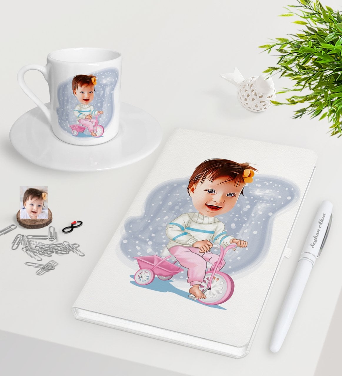 Kişiye Özel Bebek Karikatürlü Beyaz Defter Kalem Türk Kahvesi Fincanı Seti-4