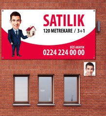 Kişiye Özel Karikatür Satılık & Kiralık Afiş Branda (1 metre X 2 metre) Model 1