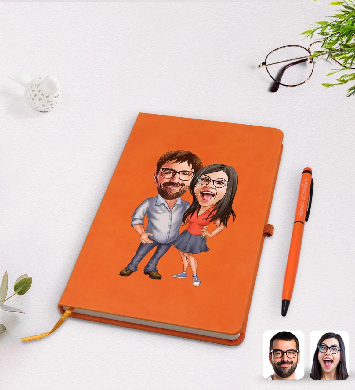 Kişiye Özel Sevgililer Karikatürlü Turuncu Termo Deri Defter Kalem Seti Model 105
