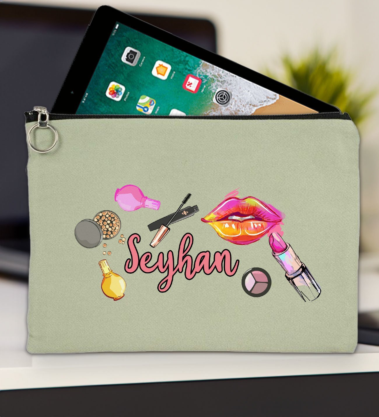 BK Gift Kişiye Özel İsimli-4 Mint Yeşili Tablet Çantası 30x21cm, Ipad Çantası, Baskılı Tablet Kılıfı