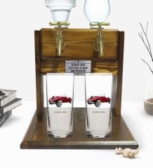 Kişiye Özel Renkli Baskılı Retro Otomobil Tasarımlı İkili Rakı Bardağı ve Çift Musluklu Doğal Ahşap Rakı Standı-4