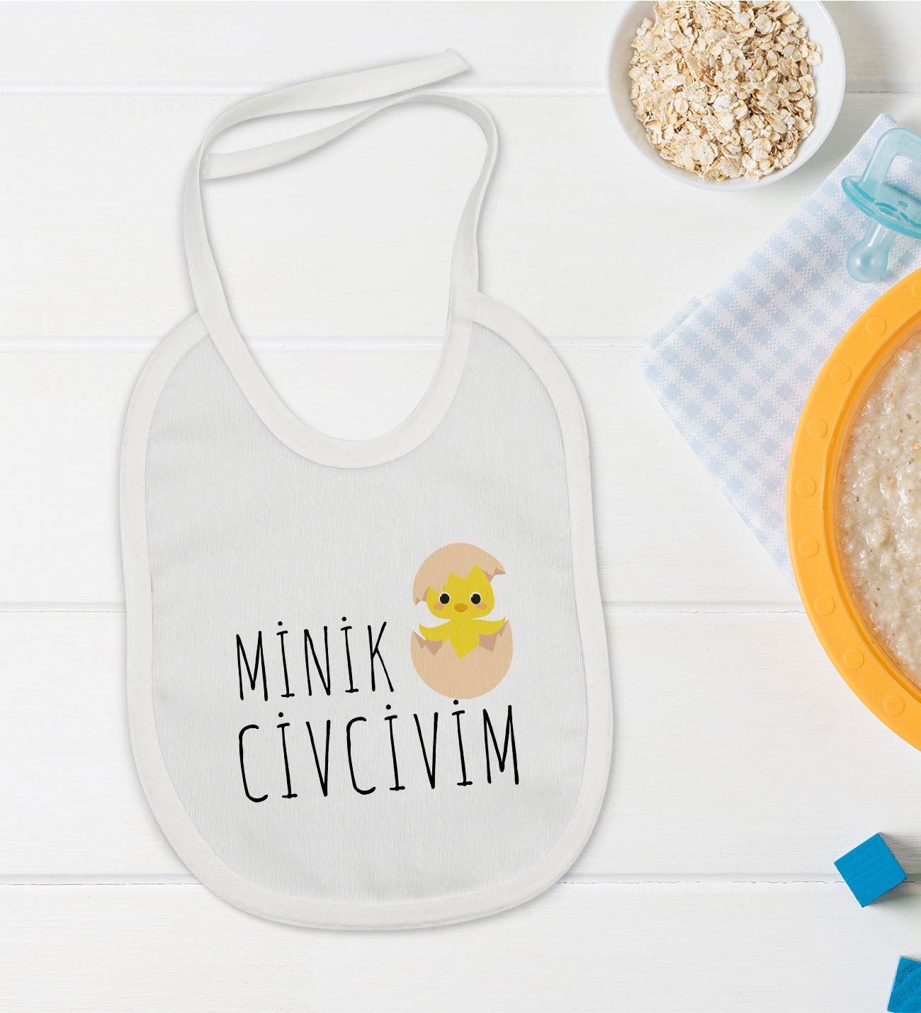 BK Kids Minik Civcivim Tasarımlı Beyaz Bebek Mama Önlüğü-1
