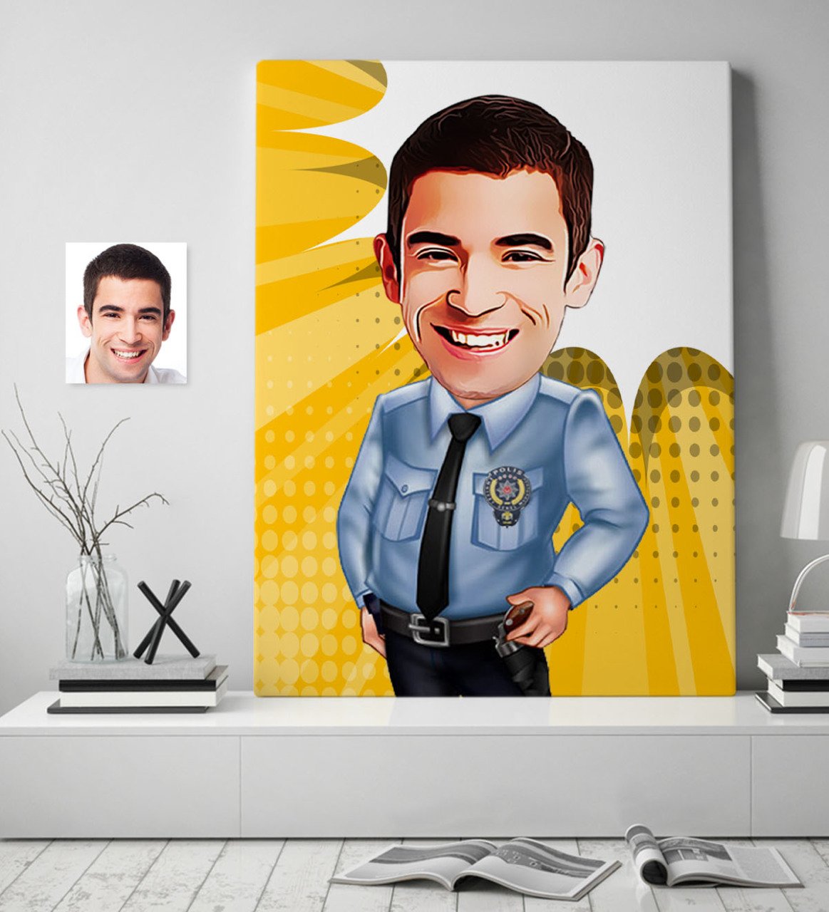 Kişiye Özel Bay Polis Karikatür Kanvas Tablo (70 x 100 cm.) 1