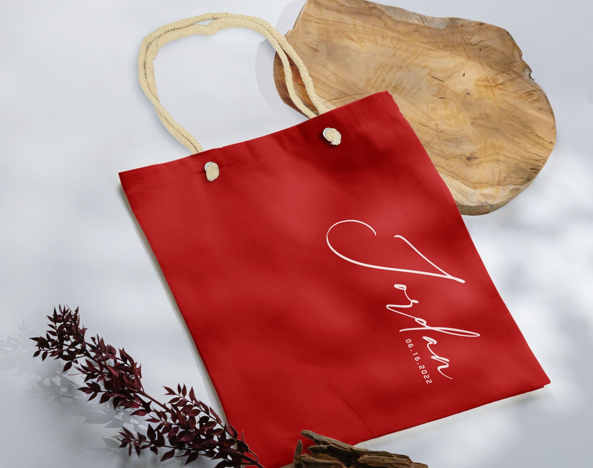 BK Gift Kişiye Özel İsimli Tarihli Kırmızı Halat Saplı Kumaş Bez Çanta-2, Baskılı Omuz Çantası, Alışveriş Çantası, Arkadaşa Hediye