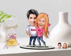 Kişiye Özel Sevgililer Karikatürlü 3D Ahşap Biblo ve Çikolatalı Kalp Bonbon Draje Hediye Seti-5