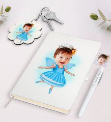 Kişiye Özel Kız Çocuk Balerin Karikatürlü Beyaz Defter Kalem ve Anahtarlık Hediye Seti