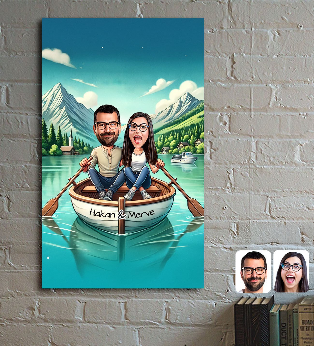 BK Gift Kişiye Özel Teknede Oturan Çift Karikatürlü Ahşap Tablo - 1, Sevgililer Günü, Sevgiliye Hediye
