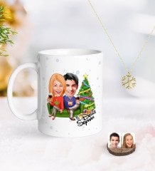 Kişiye Özel Yeni Yıl Sevgililer Karikatürlü Kupa ve Kar Tanesi Kolye-4