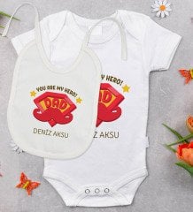 BK Kids Kişiye Özel You Are My Hero Tasarımlı Bebek Body Zıbın ve Mama Önlüğü Hediye Seti - Model 1