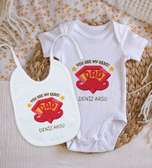 BK Kids Kişiye Özel You Are My Hero Tasarımlı Bebek Body Zıbın ve Mama Önlüğü Hediye Seti - Model 1