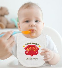BK Kids Kişiye Özel You Are My Hero Tasarımlı Bebek Body Zıbın ve Mama Önlüğü Hediye Seti - Model 1
