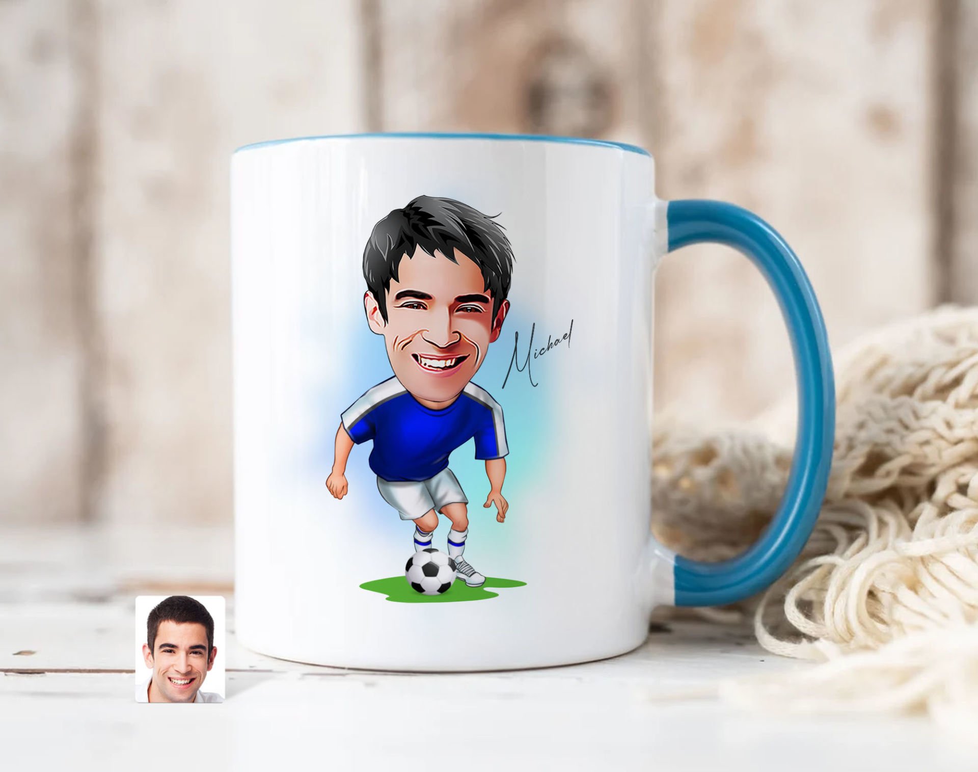 Bk Gift Kişiye Özel Futbolcu Karikatürlü Mavi Kupa Bardak-11, Sevgiliye Hediye, Arkadaşa Hediye