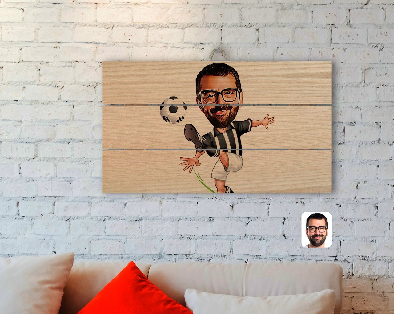 Kişiye Özel Siyah Beyaz Futbolcu Karikatürlü Otantik Ahşap Palet Tablo-1