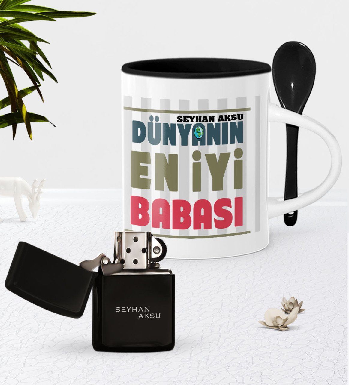 Kişiye Özel Dünyanın En İyi Babası Siyah Kaşıklı Kupa Benzinli Çakmak Seti-1