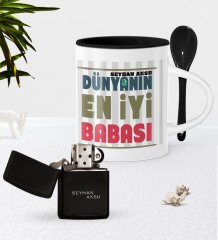 Kişiye Özel Dünyanın En İyi Babası Siyah Kaşıklı Kupa Benzinli Çakmak Seti-1