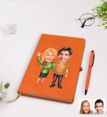 Kişiye Özel Sevgililer Karikatürlü Turuncu Termo Deri Defter Kalem Seti Model 110