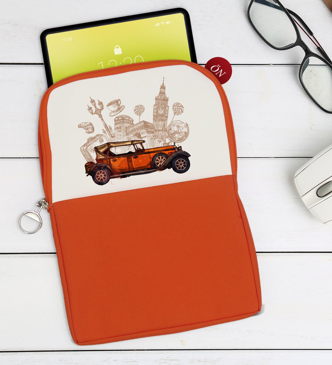BK Gift Klasik Araç Tasarımlı Taşınabilir Koruyucu Tablet Kılıfı & Organizer Çanta - Turuncu-2